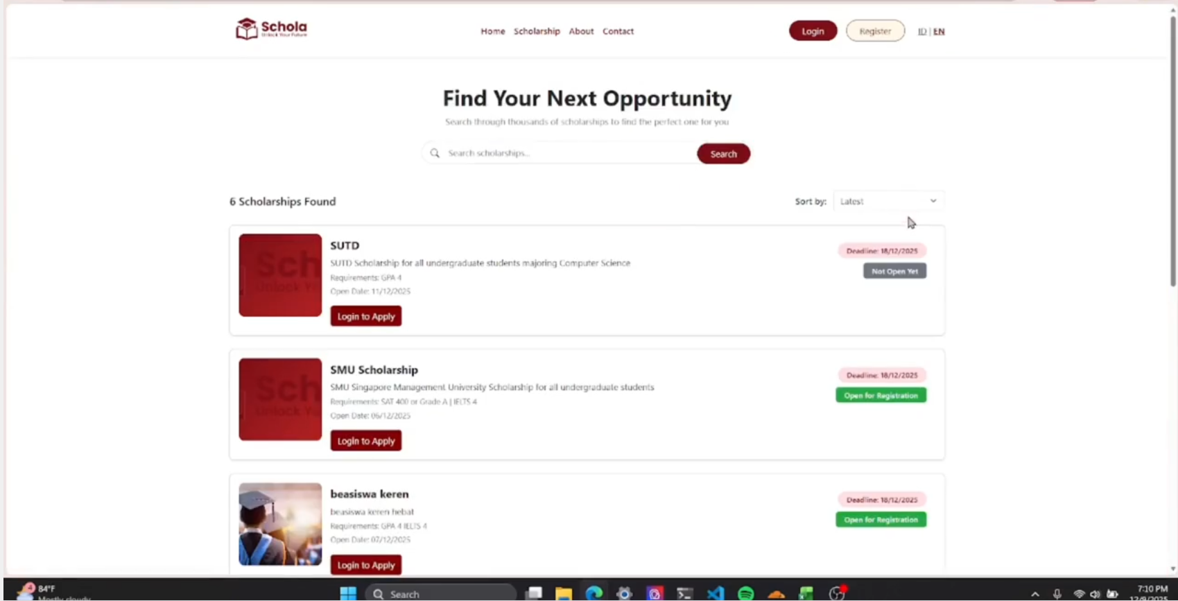 Scholarship listing and search page